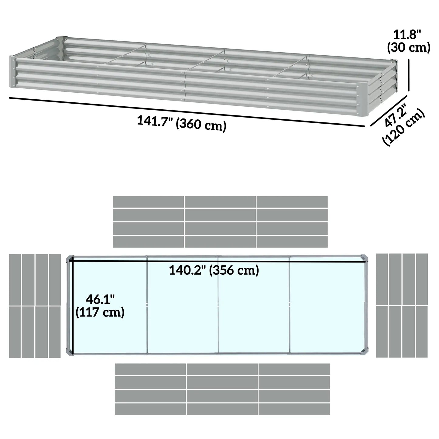 12 x 4 x 1 pied Lit de Jardin surélevé Galvanisé, Bac à Plantes Extérieur, Argenté