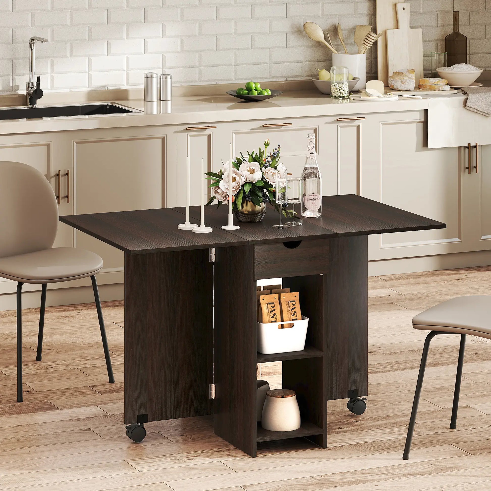 Folding Dining Table, Drop Leaf with Drawer, Storage Shelves, Dark Brown Dining Tables at Gallery Canada