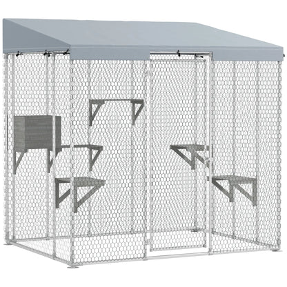 79" L Galvanized Steel Catio, Outdoor Cat Enclosure, 420D Waterproof Canopy, Multiple Platforms, Resting Condo, Silver Outdoor Cat Enclosures Silver at Gallery Canada