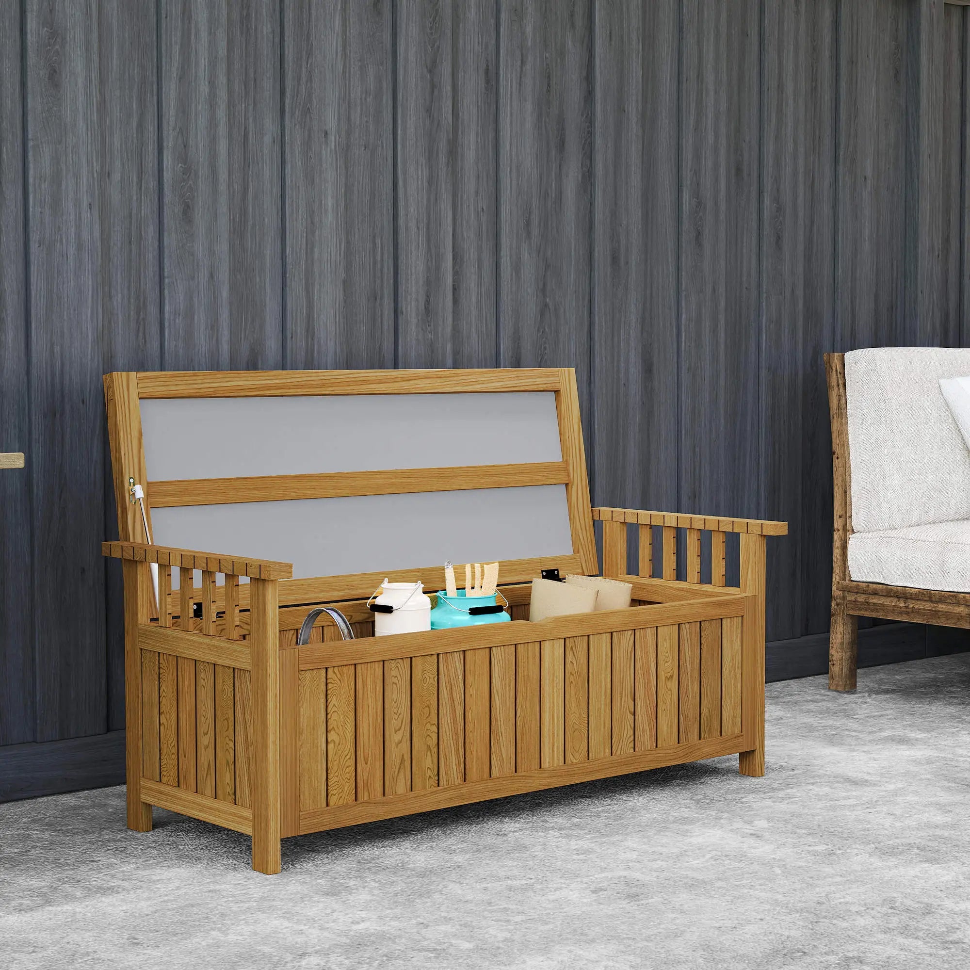 Wooden Storage Bench With Armrests, Outdoor Patio Garden, Brown Patio Chairs at Gallery Canada