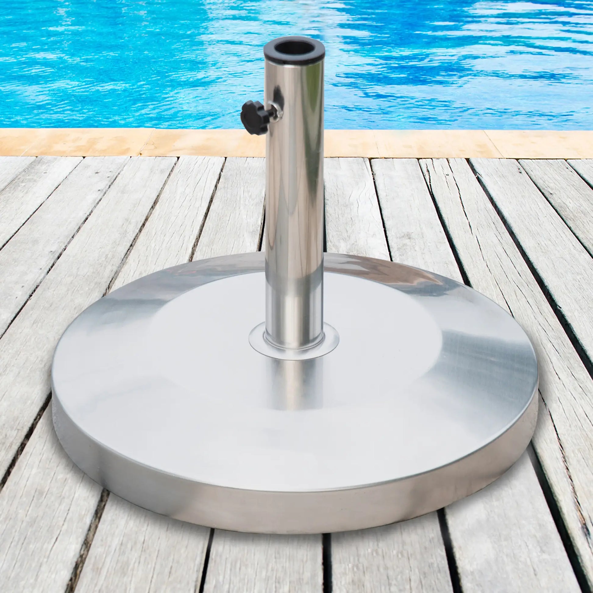19" Round Patio Umbrella Stand, Stainless Steel Base, Silver Umbrella Bases at Gallery Canada