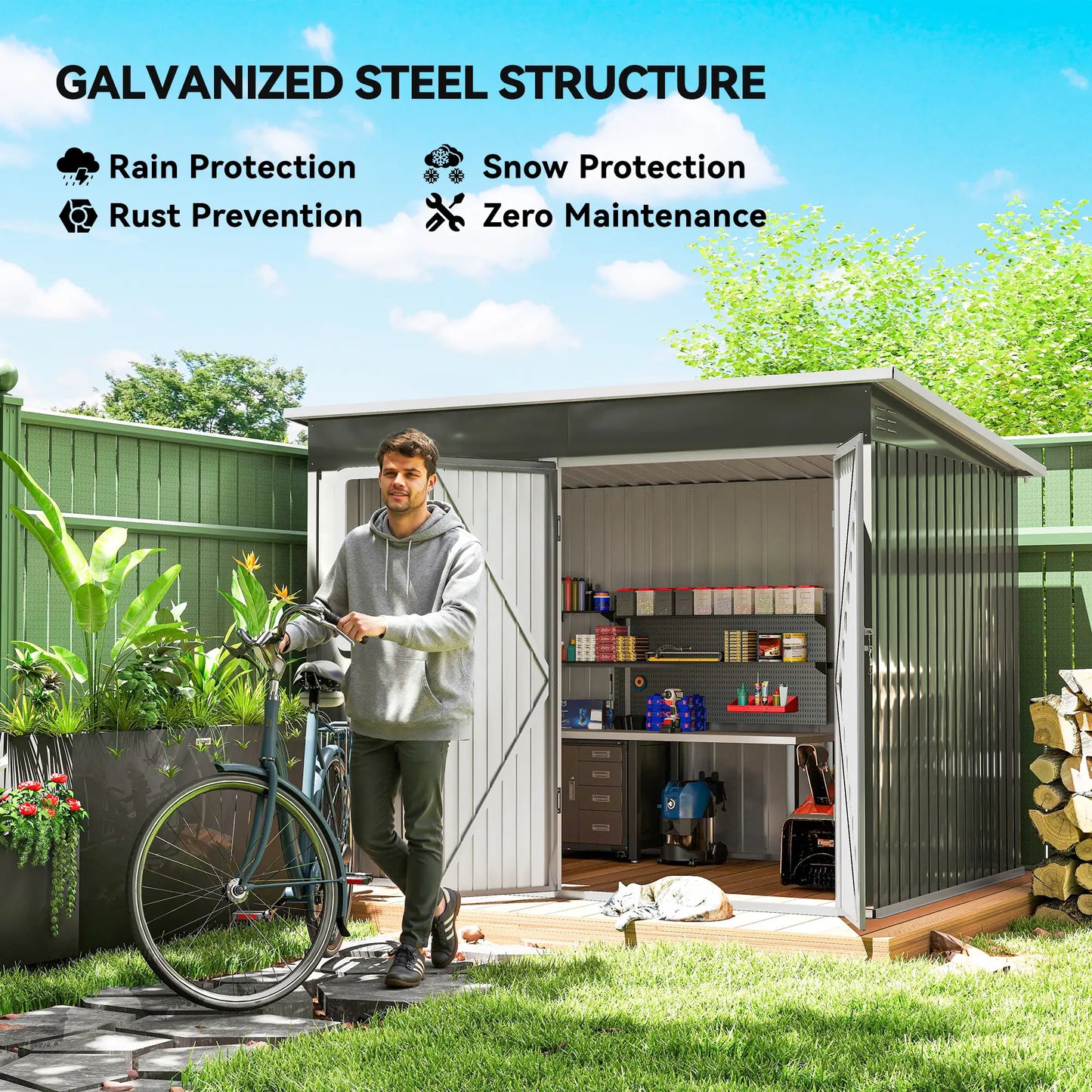 8.5' x 6' Galvanised Steel Outdoor Storage Shed, Garden Shed, Grey