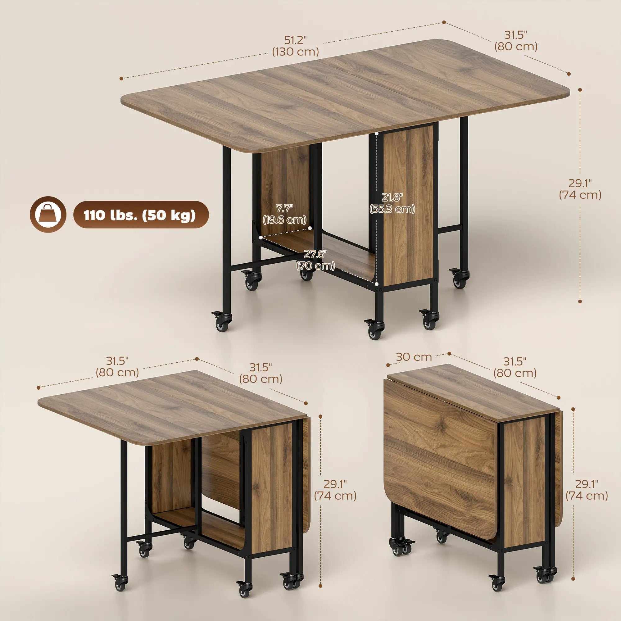 Folding Dining Table, Extendable Kitchen Table, 6 Wheels, Light Brown Bar Tables & Dining Tables at Gallery Canada