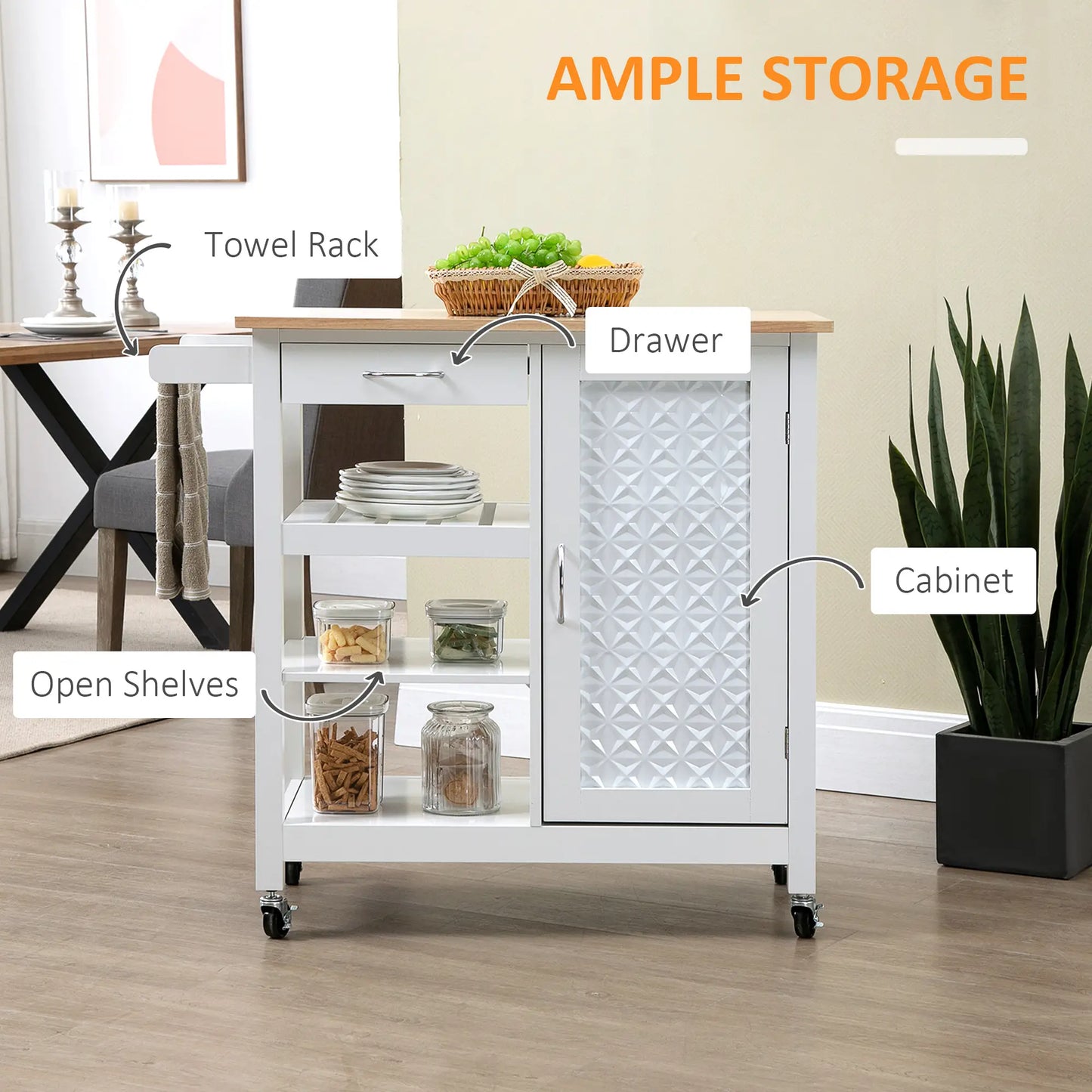 Kitchen Cart on Wheels, Embossed Door Panel, Storage Drawer, White Kitchen Islands & Kitchen Carts at Gallery Canada