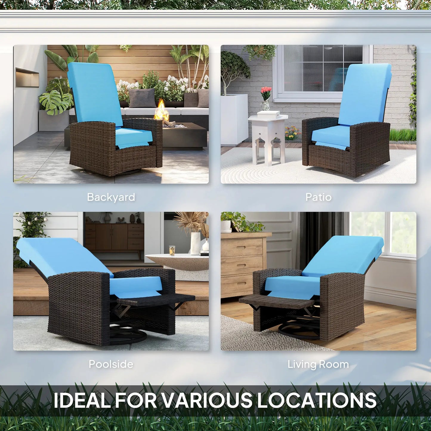 Outdoor Rattan Lounge Chair with Footrest, Soft Cushion, Sky Blue Patio Chairs at Gallery Canada