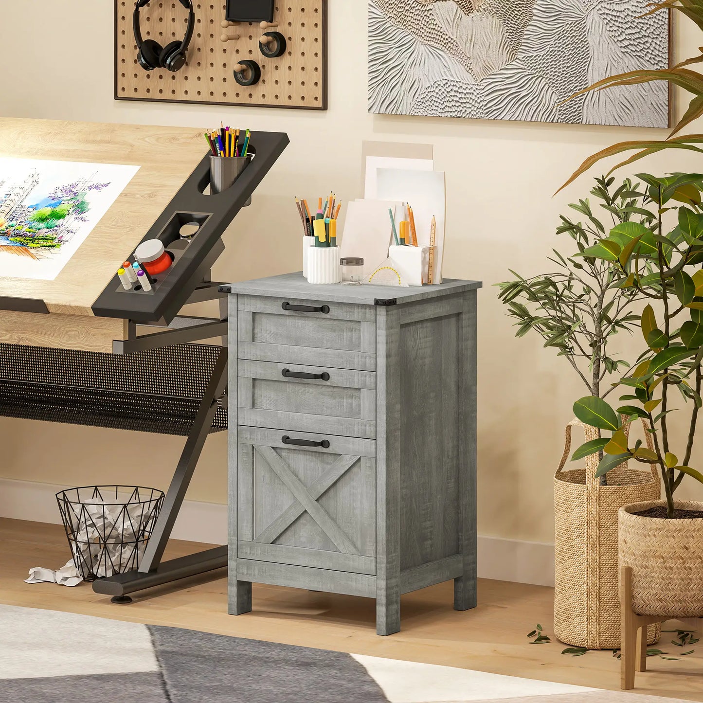Vertical 3-Drawer Filing Cabinet, Rustic Farmhouse, A4 Letter Size, Stone Grey Office Cabinets & Cupboards at Gallery Canada