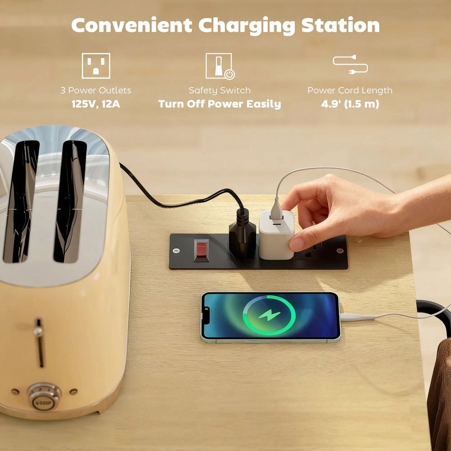 Kitchen Island Cart with Charging Station, Drop Leaf, Trash Can Cabinet, White Kitchen Islands & Kitchen Carts at Gallery Canada