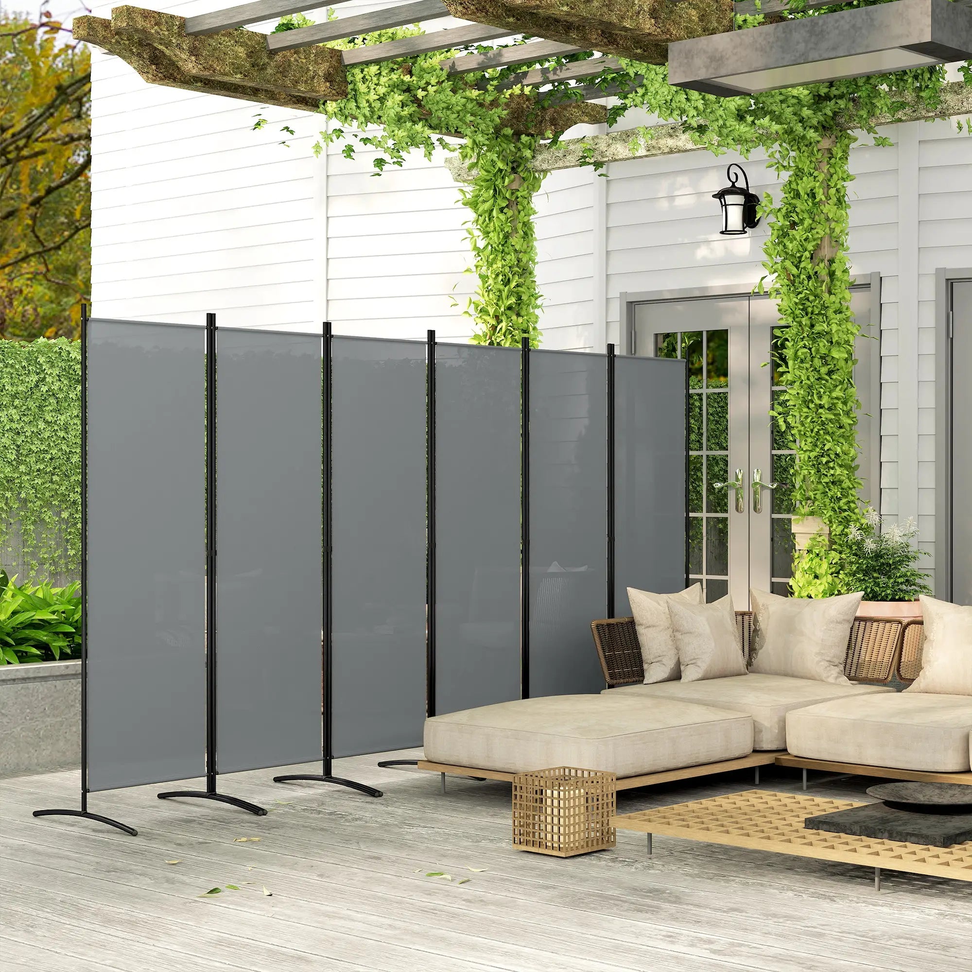 6 Panel Folding Outdoor Privacy Screen with Stable Base, 5.7FT Tall Room Divider with UV30+ Protection, Dark Grey Side Awnings at Gallery Canada