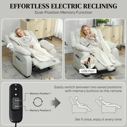 Massage Recliner Chair, Quiet Brushless Motor, Pet-Friendly Fabric, 2 Memory Positions, Cream White Single Sofas at Gallery Canada