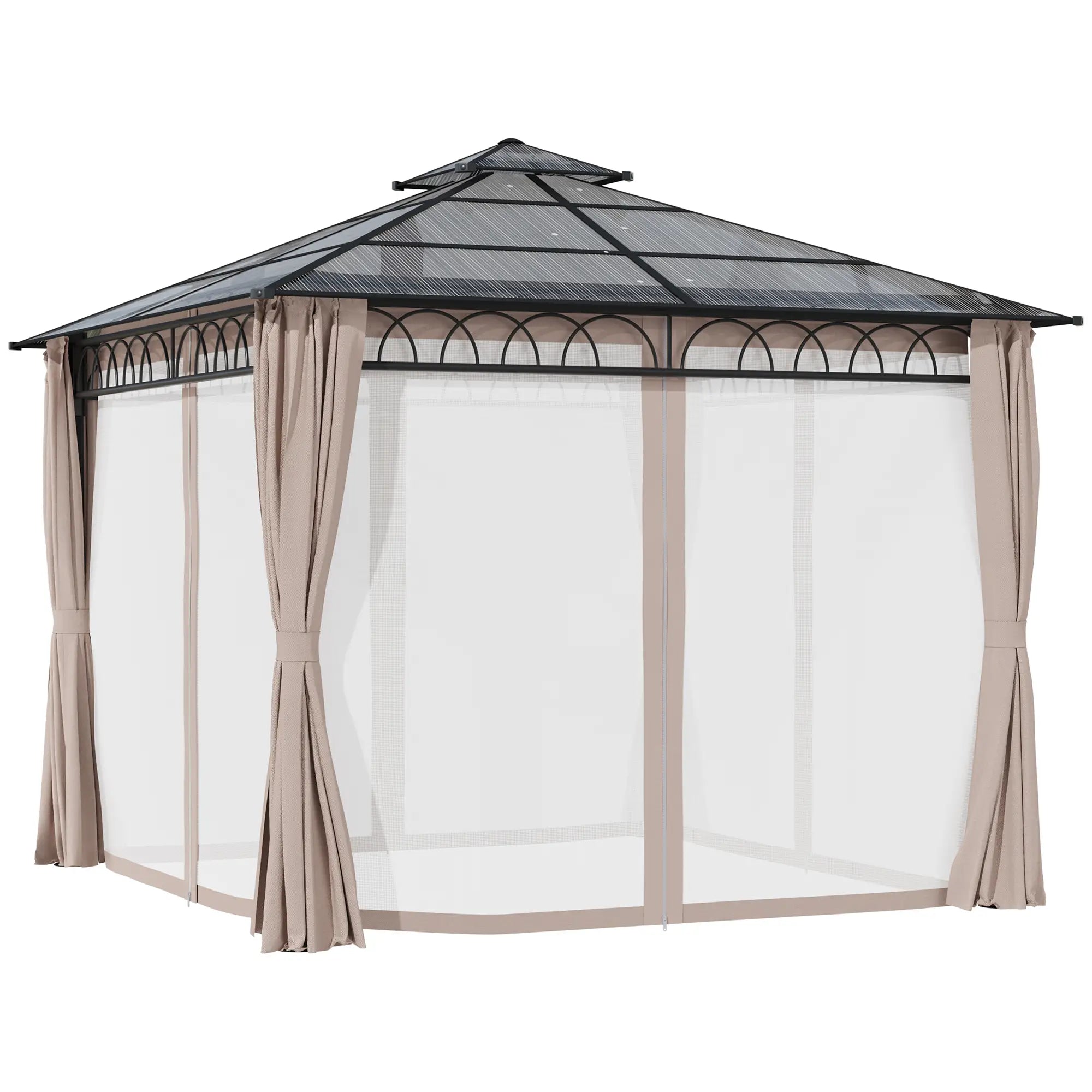 9' x 10' Outdoor Hardtop Gazebo, Steel Frame, Nettings, Curtains, Khaki Gazebos Black Roof, Dark Grey Frame, Khaki Curtains at Gallery Canada