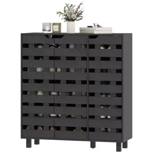 Shoe Cabinet, 20 Pair Storage with Hollowed-Out Doors, Black