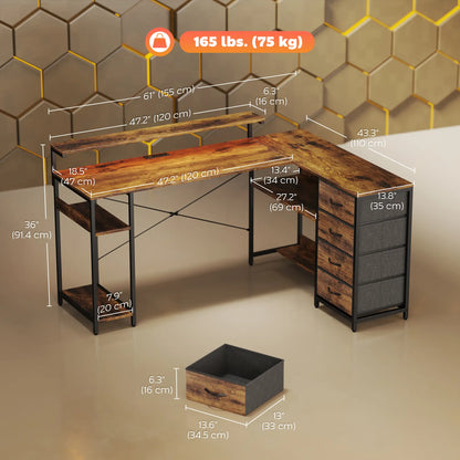 Gaming Desk With Power Outlets, LED Lights, Drawers, Monitor Stand, 61", Rustic Brown Gaming Desks at Gallery Canada