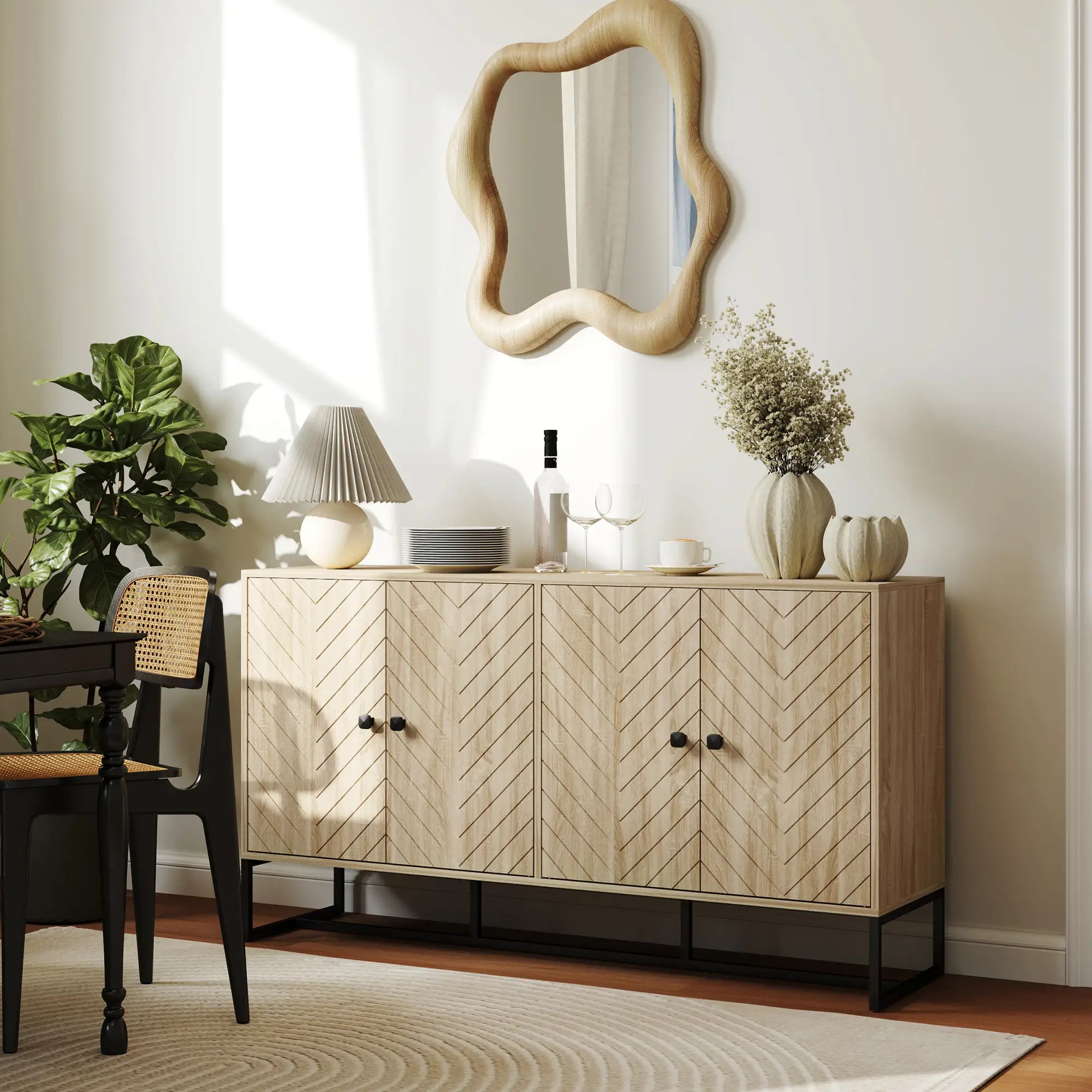 Sideboard Buffet Cabinet with 2 Adjustable Shelves and Steel Base, TV Stand, Coffee Bar Cabinet for Living Room, Oak Storage Cabinets at Gallery Canada
