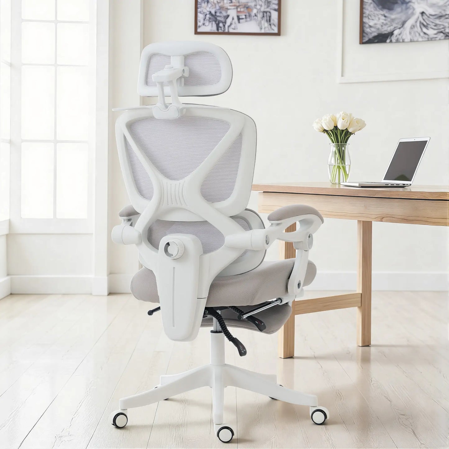 Mesh Desk Chair With Adjustable Headrest, Light Grey