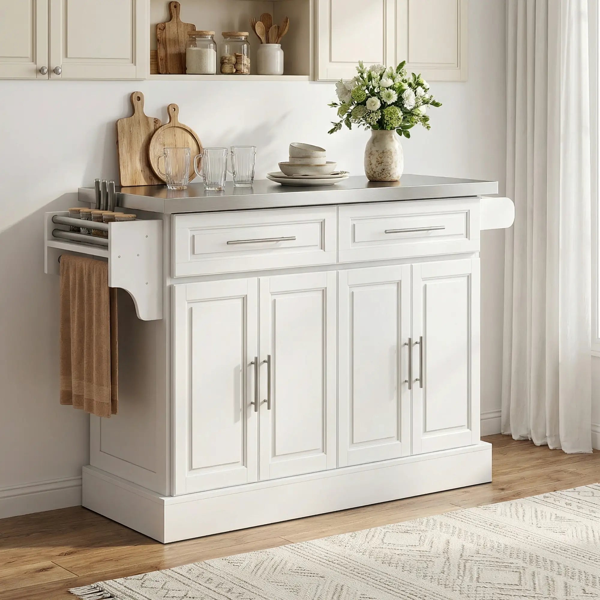 Rolling Kitchen Island with Storage, Stainless Steel Top, Drawers, Cabinets Kitchen Islands & Kitchen Carts at Gallery Canada
