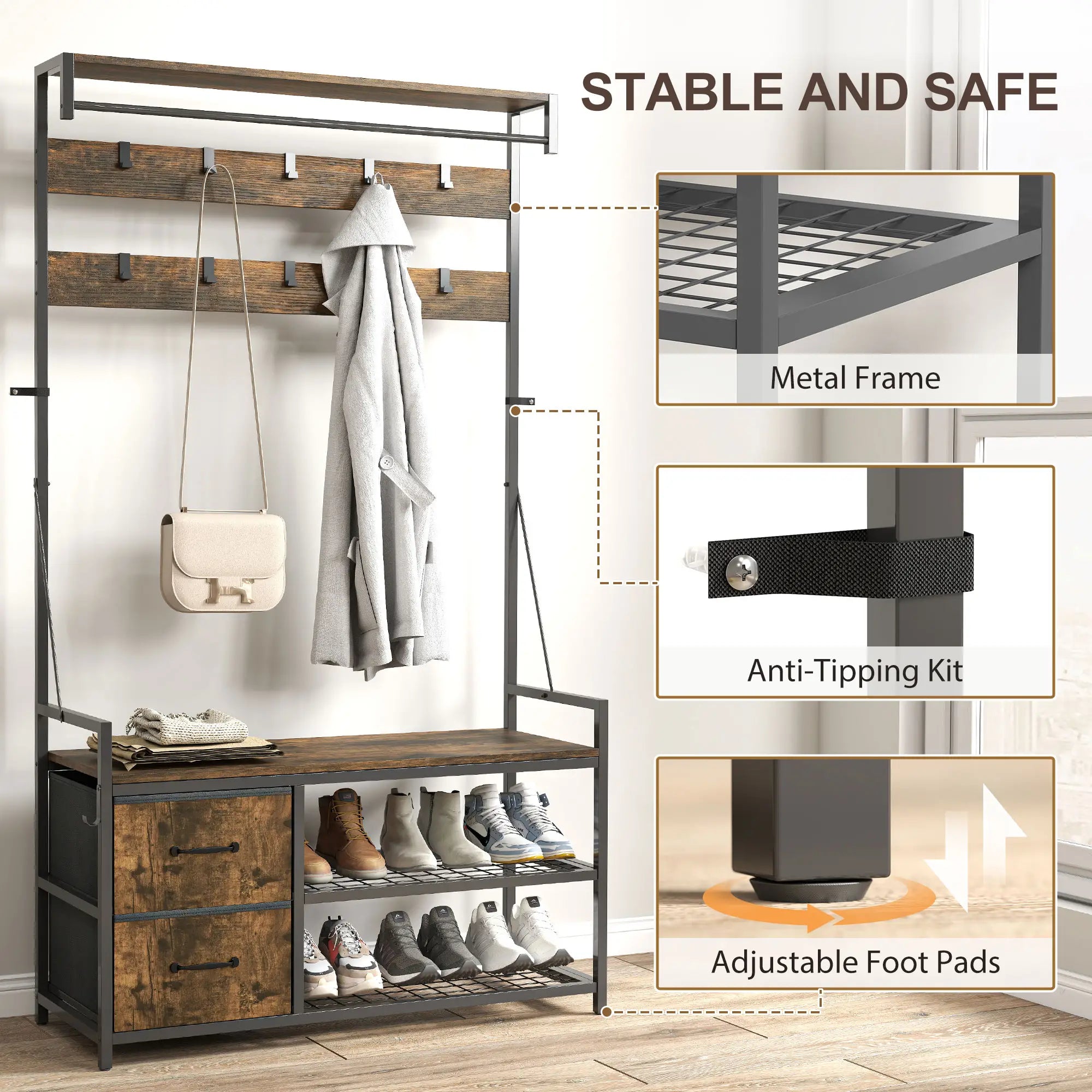 6-In-1 Hall Tree, Bench with Shoe Storage, 10 Hooks, 2 Fabric Drawers, Rustic Brown Clothing Storage at Gallery Canada