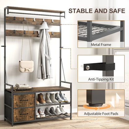 6-In-1 Hall Tree, Bench with Shoe Storage, 10 Hooks, 2 Fabric Drawers, Rustic Brown Clothing Storage at Gallery Canada