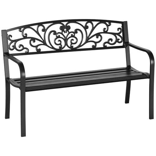 50 2-Seater Garden Bench, Outdoor Blossoming Pattern, Black