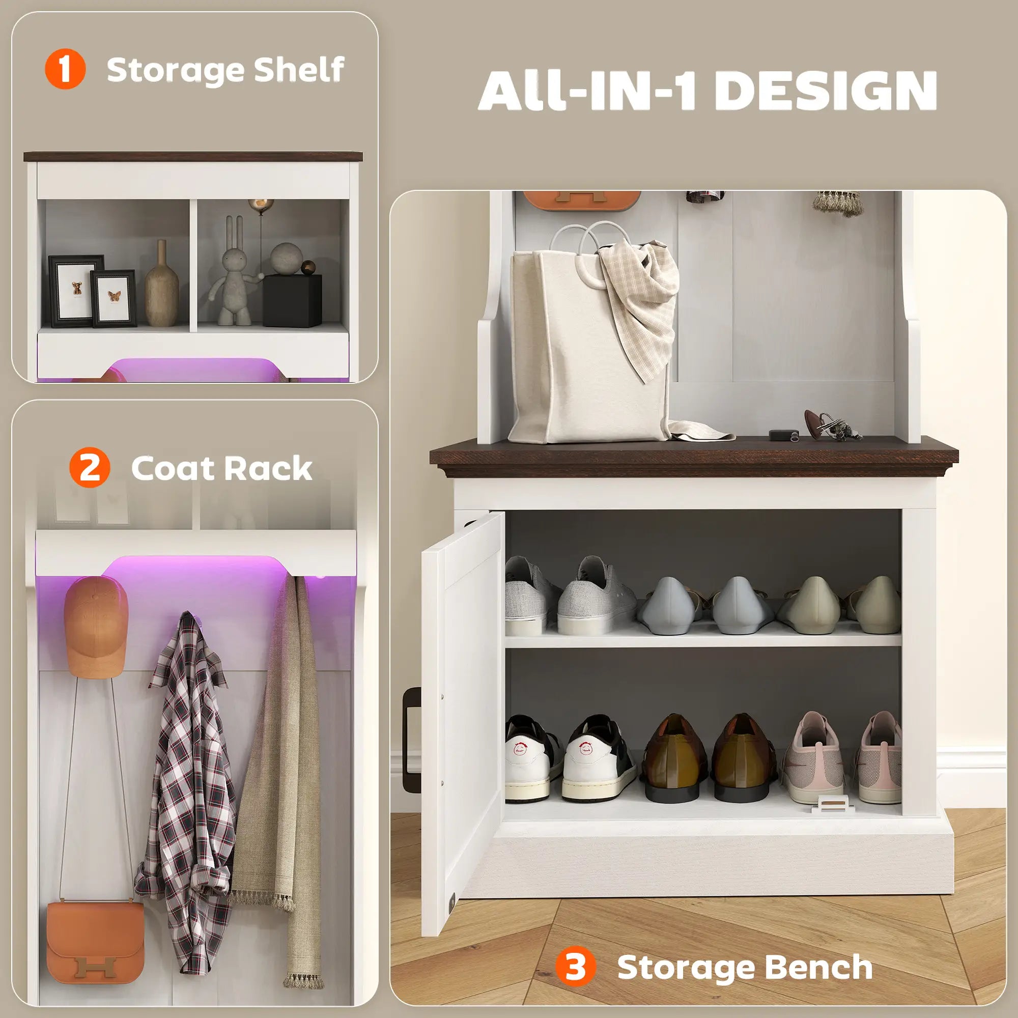 3-in-1 Hall Tree, LED Lights, Bench, Coat Rack, Shoe Storage, White Wood Grain, White Clothing Storage at Gallery Canada