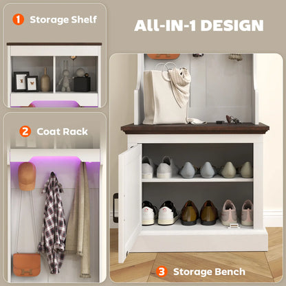 3-in-1 Hall Tree, LED Lights, Bench, Coat Rack, Shoe Storage, White Wood Grain, White Clothing Storage at Gallery Canada