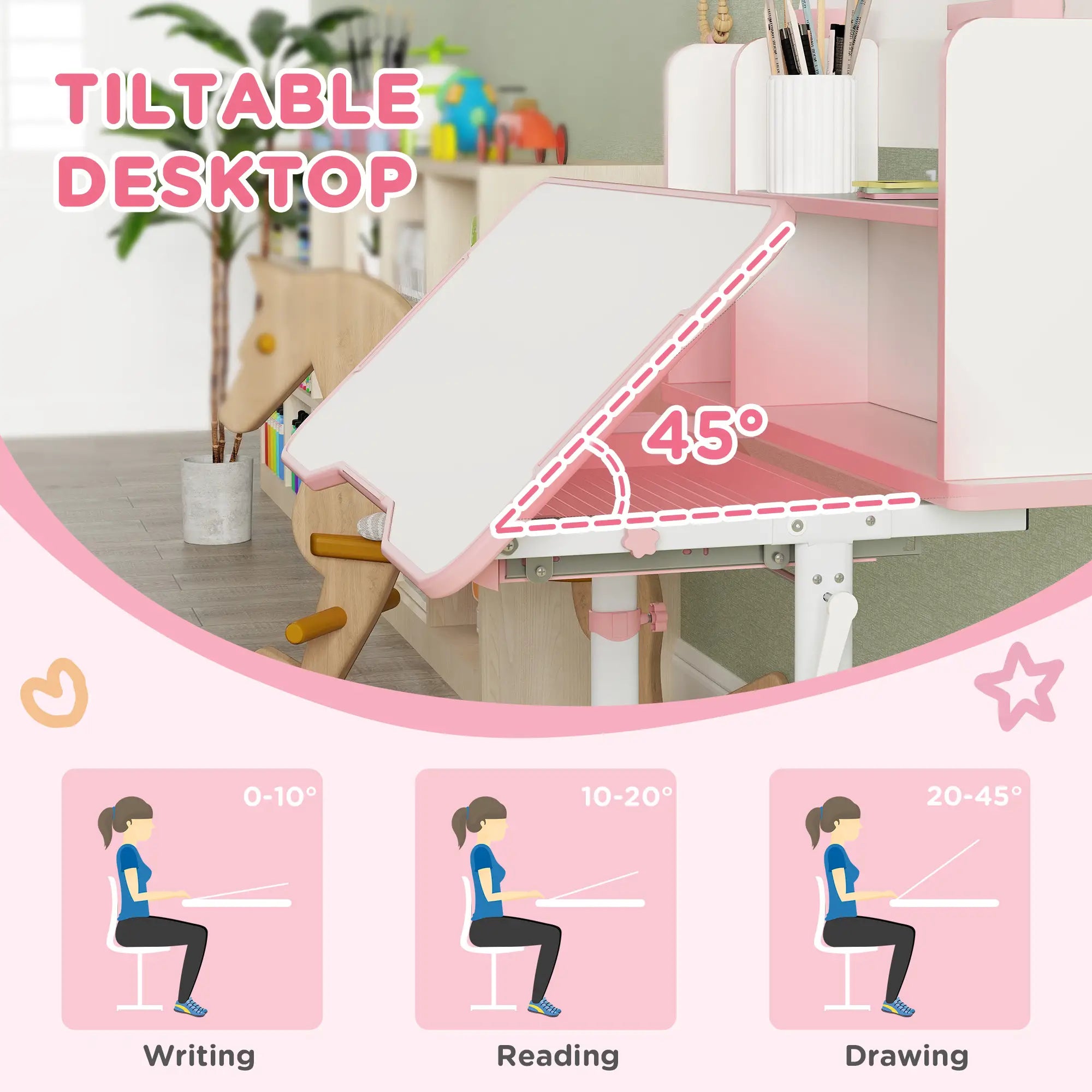 Adjustable Kids Desk and Chair Set, Study Table with Drawer, Pink Kids Desk Sets at Gallery Canada