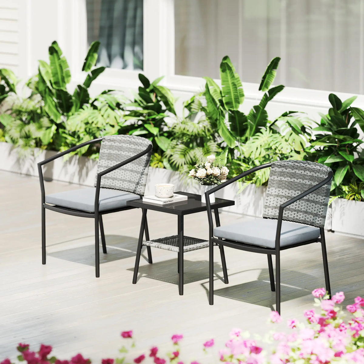 3 Piece Wicker Patio Set, 2-Tier Glass Table, Dark Grey Bistro Sets at Gallery Canada