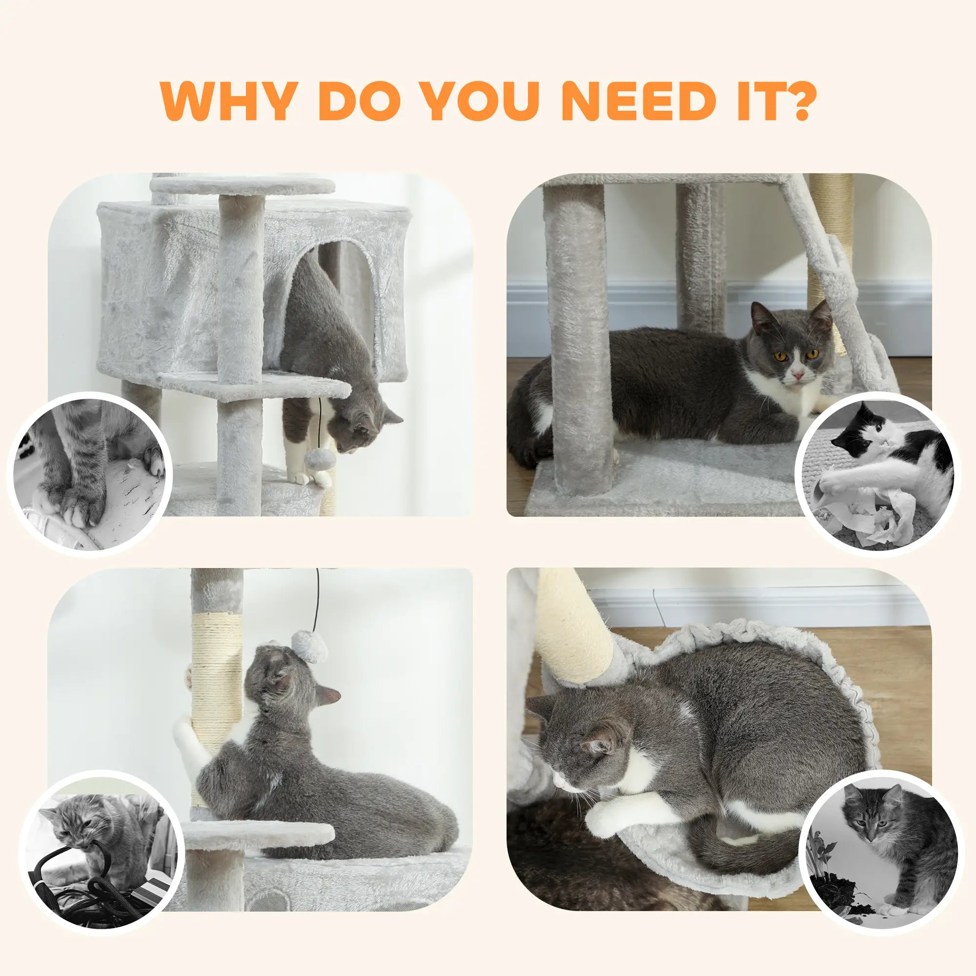 63 Inch Cat Tree, Sisal Scratching Posts, Condos, Plush Perches, Hammock, Ladder, Dangling Balls, Light Grey Cat Towers at Gallery Canada