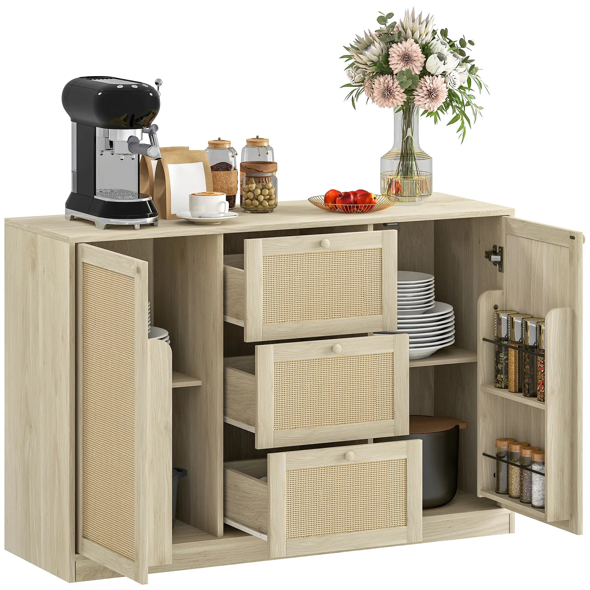Boho Sideboard Buffet Cabinet, Kitchen Coffee Bar, 3 Drawers, 2 Shelves, 4 Racks, Natural Storage Cabinets at Gallery Canada