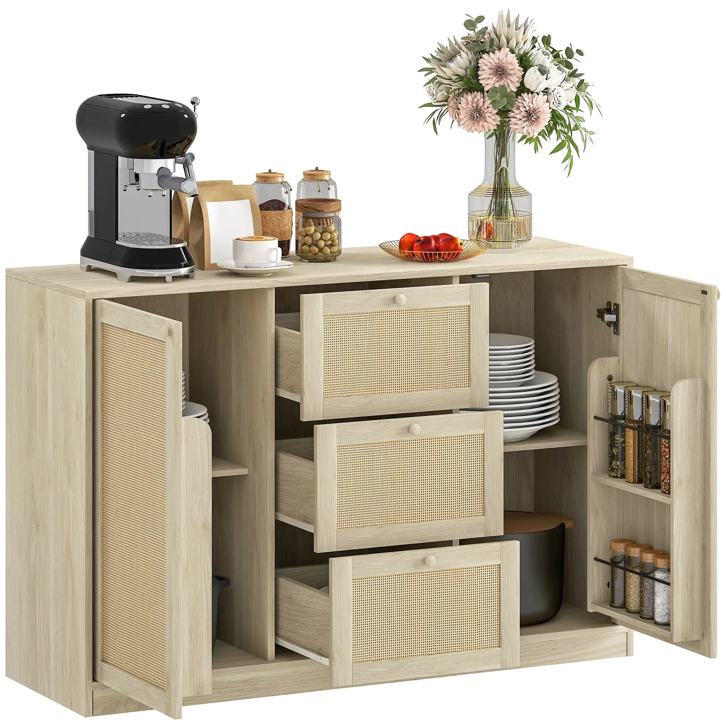 Boho Sideboard Buffet Cabinet, Kitchen Coffee Bar, 3 Drawers, 2 Shelves, 4 Racks, Natural Storage Cabinets at Gallery Canada