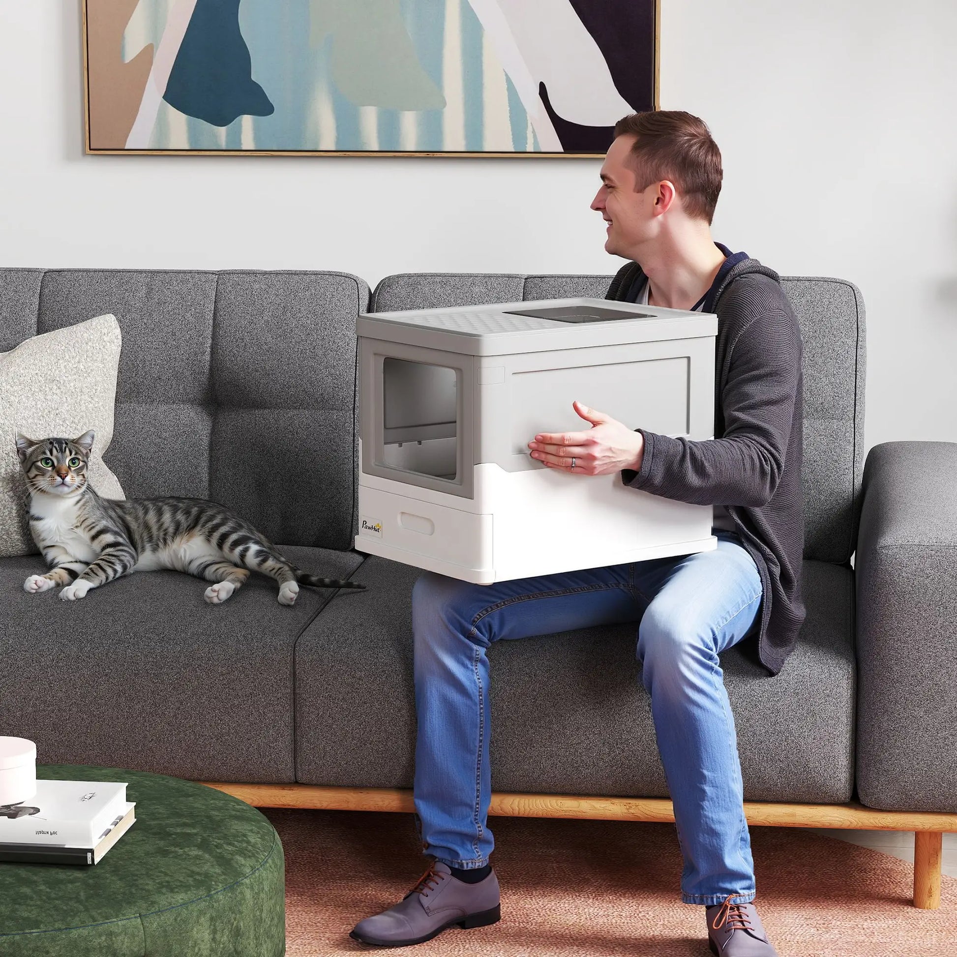 Top Entry Enclosed Kitty Litter Box with Scoop, Tray, Large, Grey Cat Litter Box Enclosures at Gallery Canada