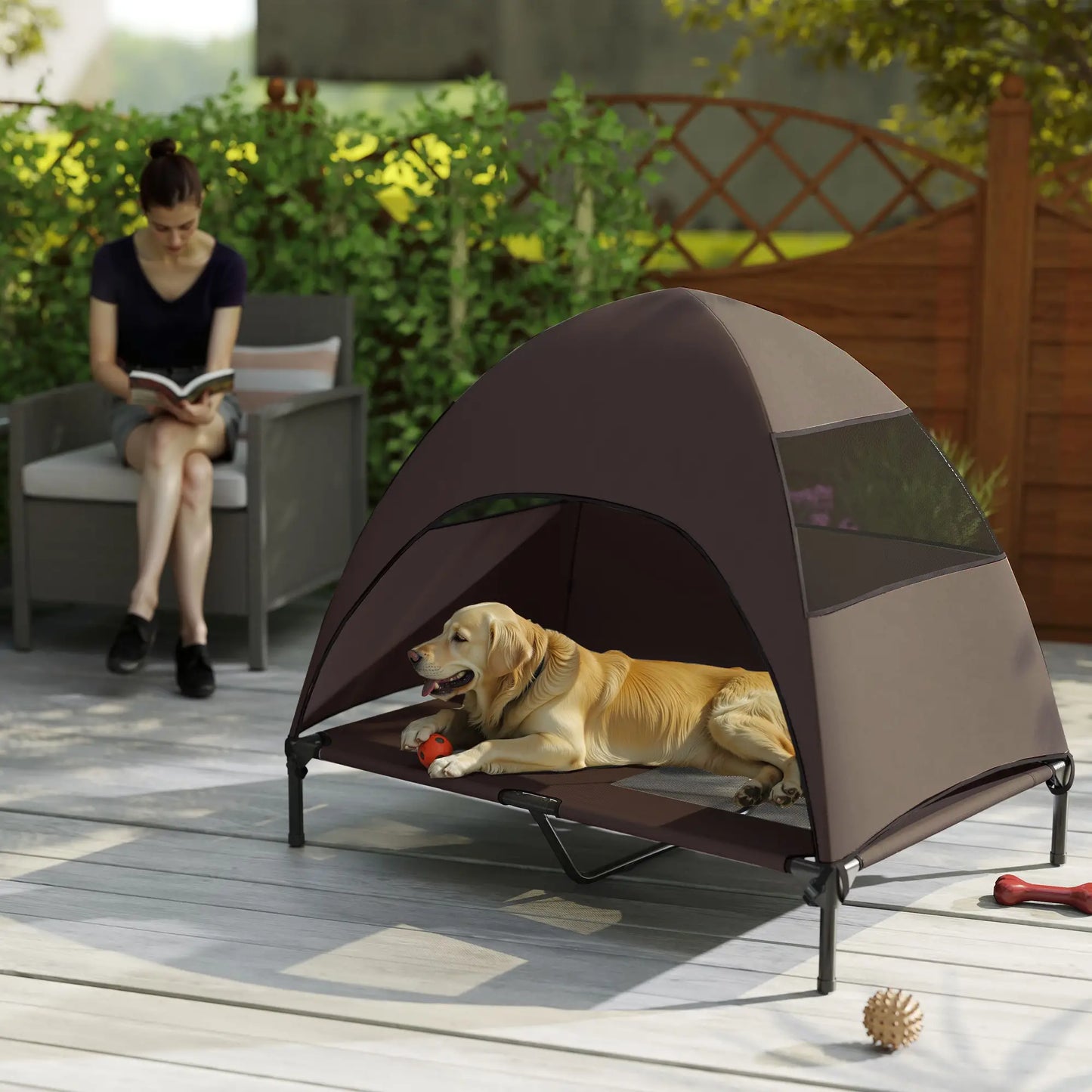 Elevated Dog Bed With Canopy, Washable Mesh Steel Frame, 41.7" x 29.9" x 39", Coffee Elevated Dog Beds at Gallery Canada