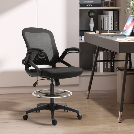 Adjustable Drafting Chair Tall Office Stand-Up Chair with Flip-up Armrest and Foot Ring, 360° Swivel, Black - Gallery Canada