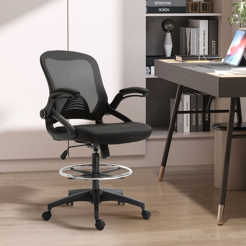 Adjustable Drafting Chair Tall Office Stand-Up Chair with Flip-up Armrest and Foot Ring, 360° Swivel, Black