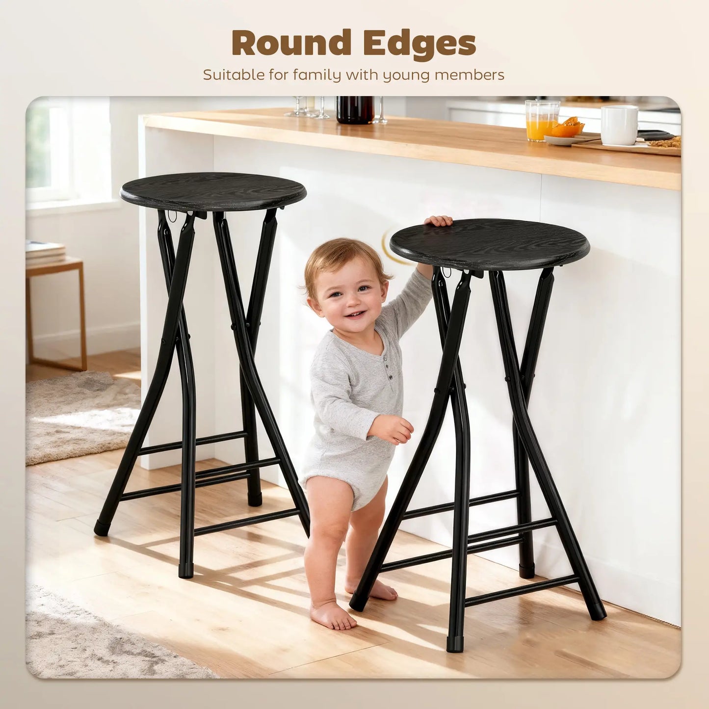 Set of 4 Foldable Barstools, Counter Height with Footrest, Steel Legs, Black Bar Stools at Gallery Canada