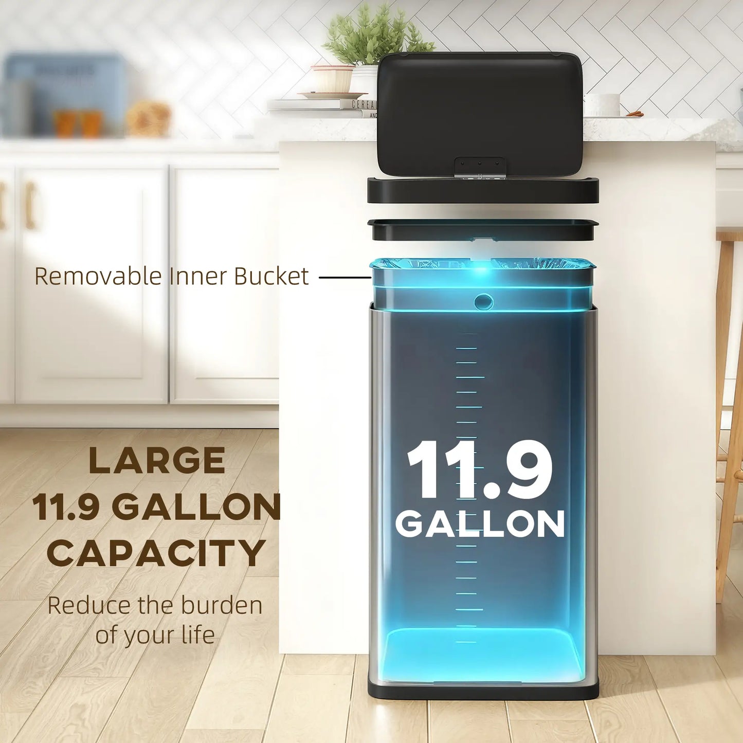 12 Gallon Sensor Can, Automatic Garbage Can, Stainless Steel, Silver