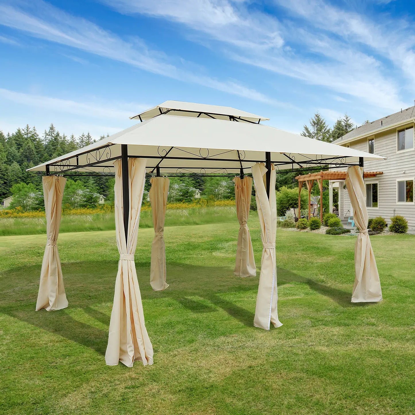 13' x 10' Soft-top Gazebo Patio Steel Canopy Portable Party Event with Double Canopy Roof, Curtains, Cream White Gazebos at Gallery Canada