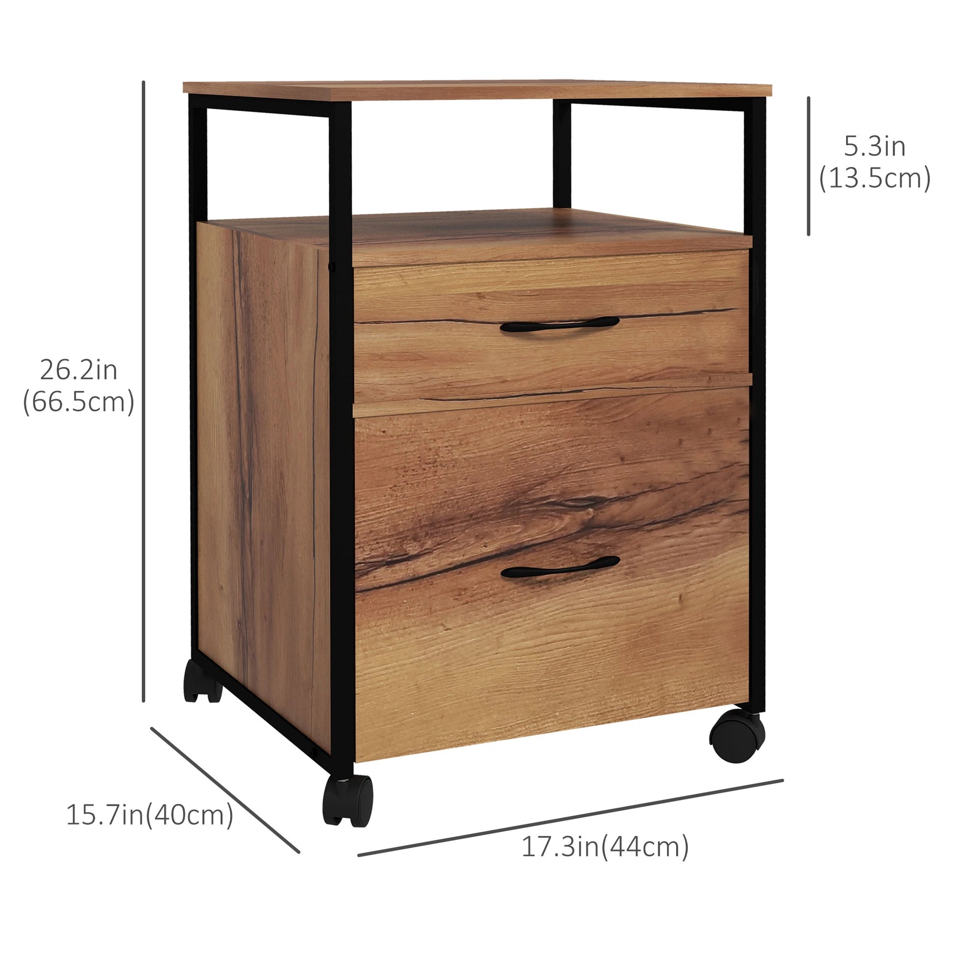 Vertical Filing Cabinet with Wheels, 26.2", 2 Drawers, Open Shelf, Rustic Brown Office Cabinets & Cupboards at Gallery Canada