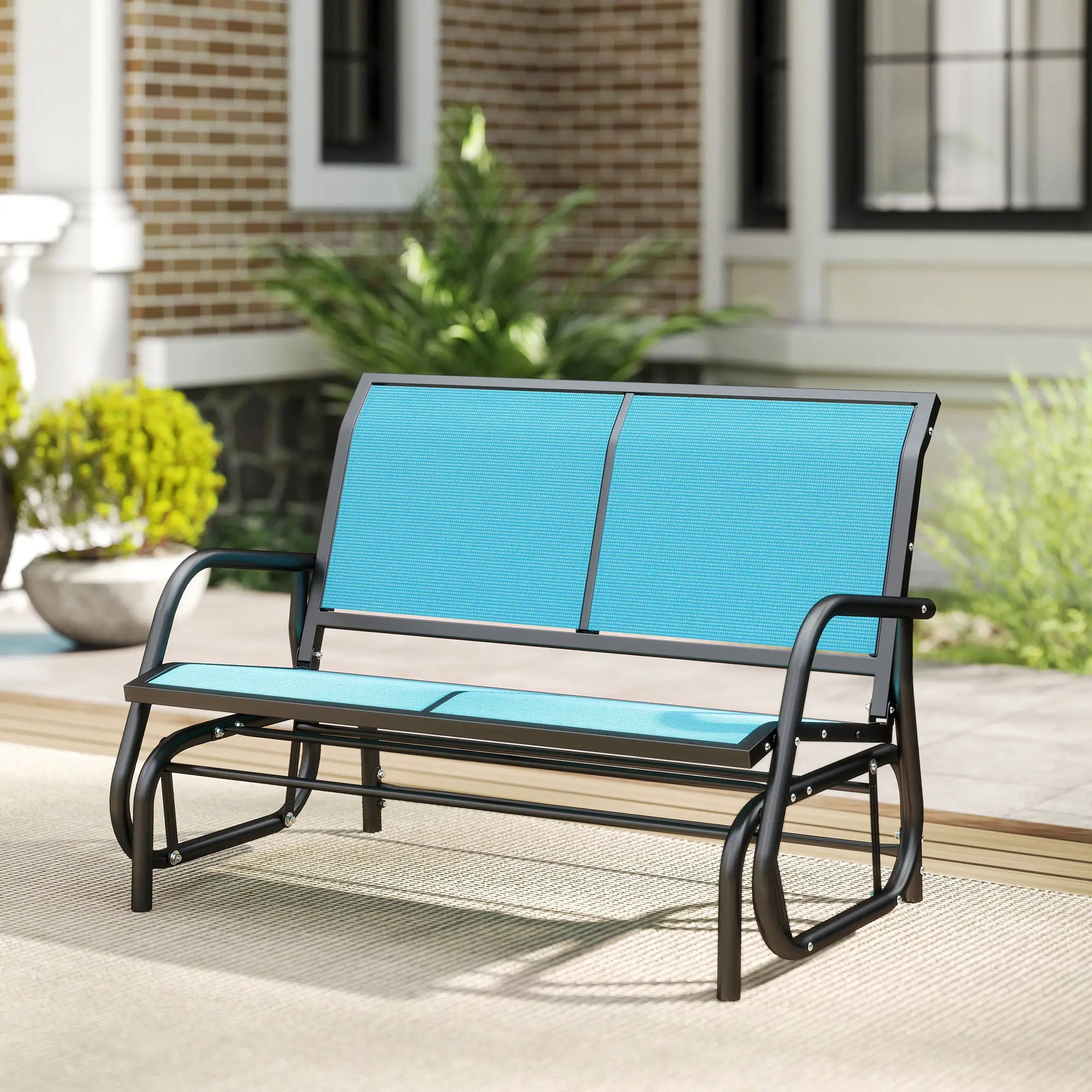 Outdoor Steel Glider Bench, Sling Fabric Swing Chair, Blue Outdoor Gliders at Gallery Canada