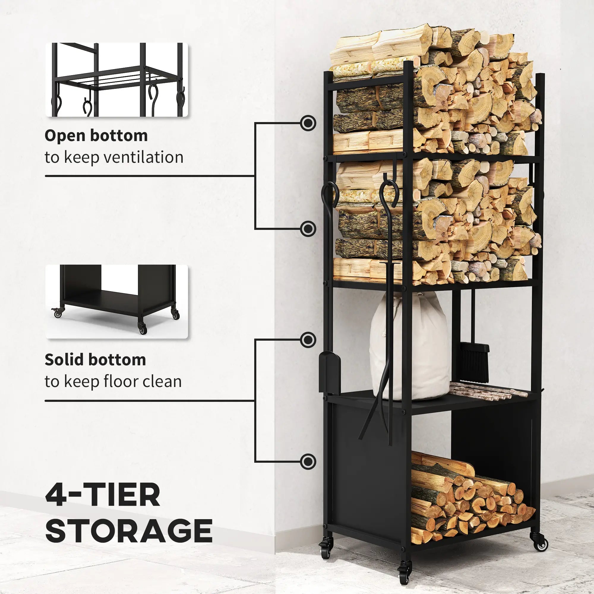 4-Tier Firewood Rack With Wheels, 4 Tools, Powder-Coated Steel Firewood Racks at Gallery Canada