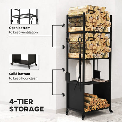 4-Tier Firewood Rack With Wheels, 4 Tools, Powder-Coated Steel Firewood Racks at Gallery Canada