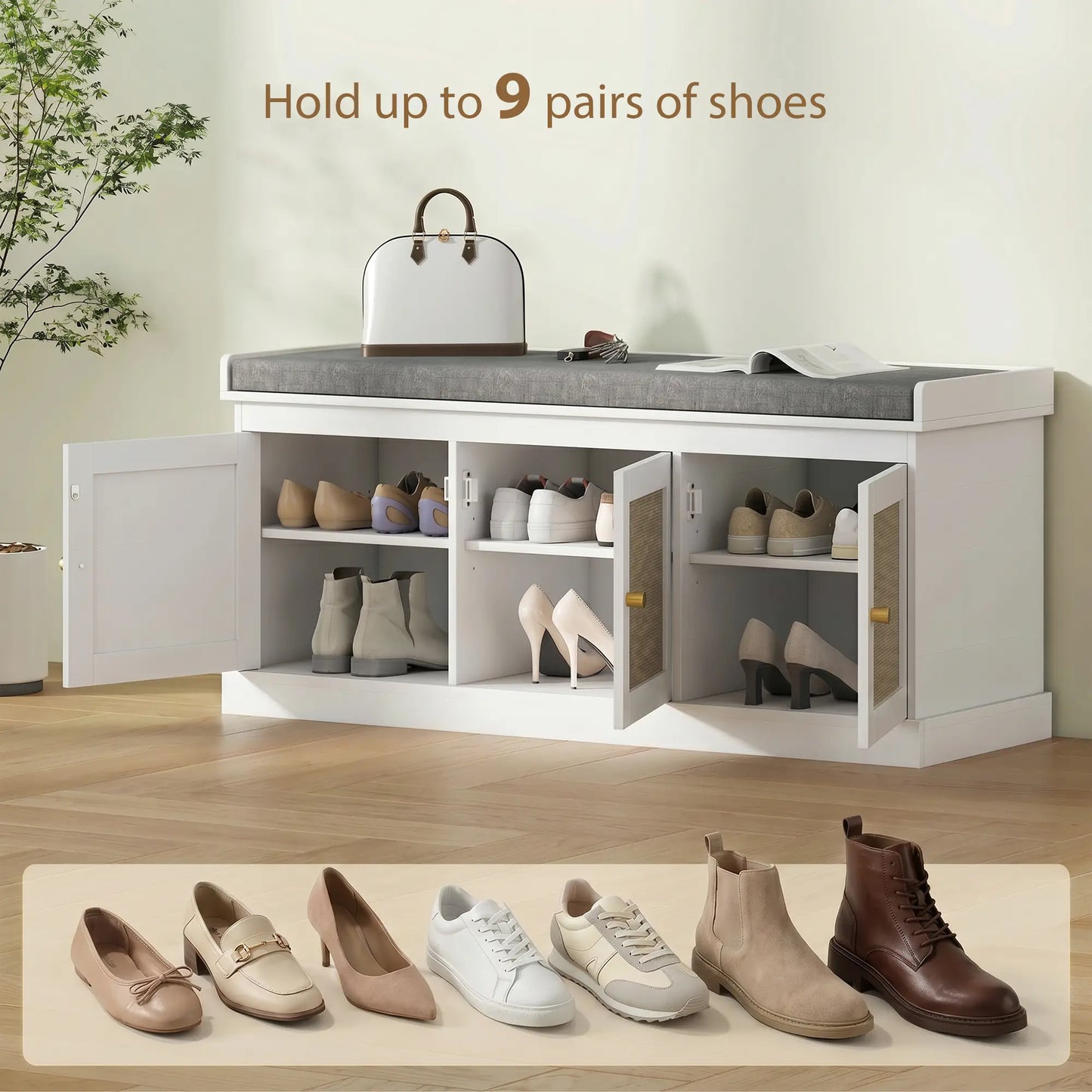 Shoe Storage Bench, Woven Rattan Doors, Adjustable Shelves, White Shoe Storage Cabinets & Racks at Gallery Canada