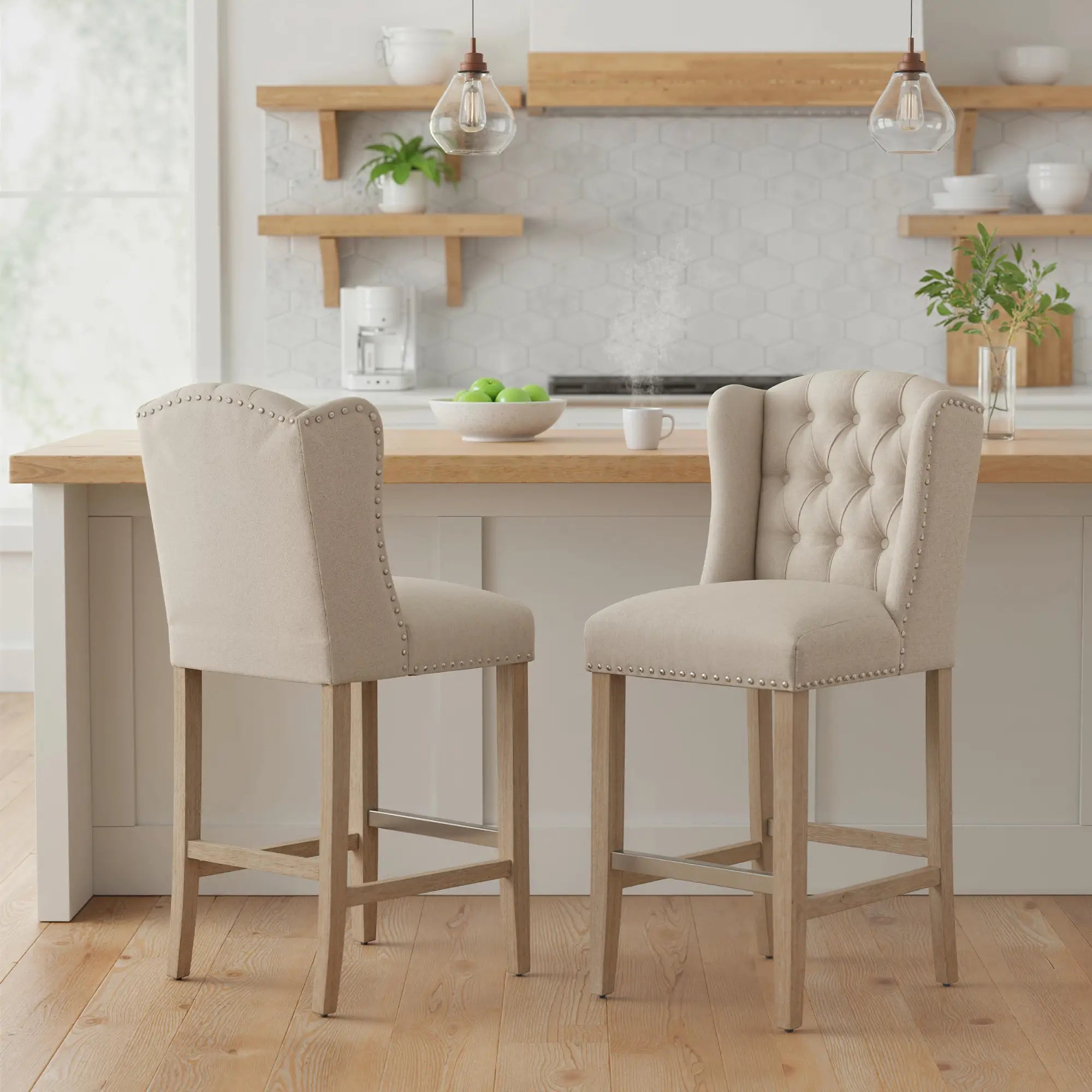Counter Height Bar Stools Set of 2, Upholstered, Beige Bar Stools at Gallery Canada