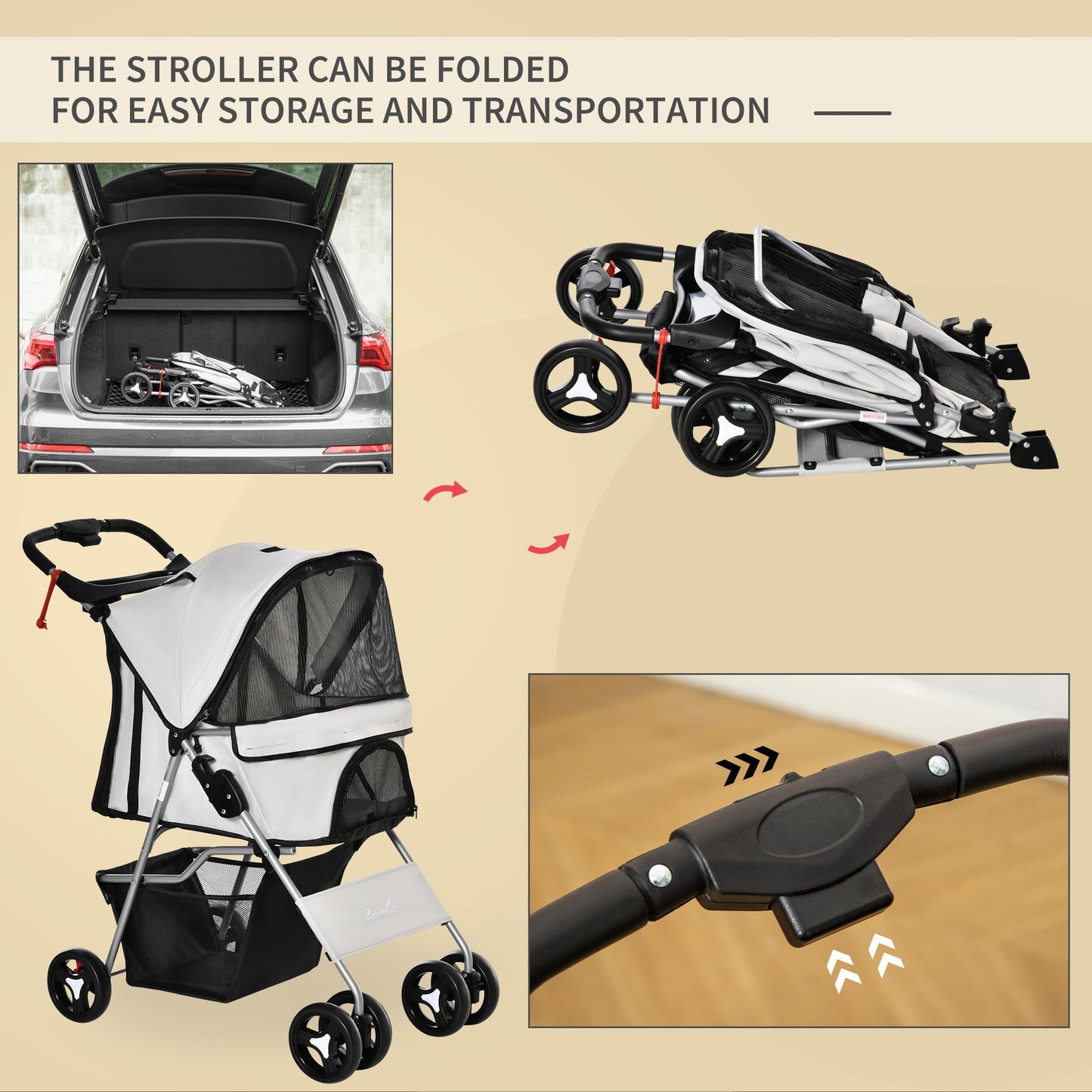 Pet Stroller Foldable Carrier for Cat, Dog and More 4 Wheels Travel Jogger with Cup Holder, Storage Basket, 360 ° swiveling front wheels, Easy Fold, Grey at Gallery Canada