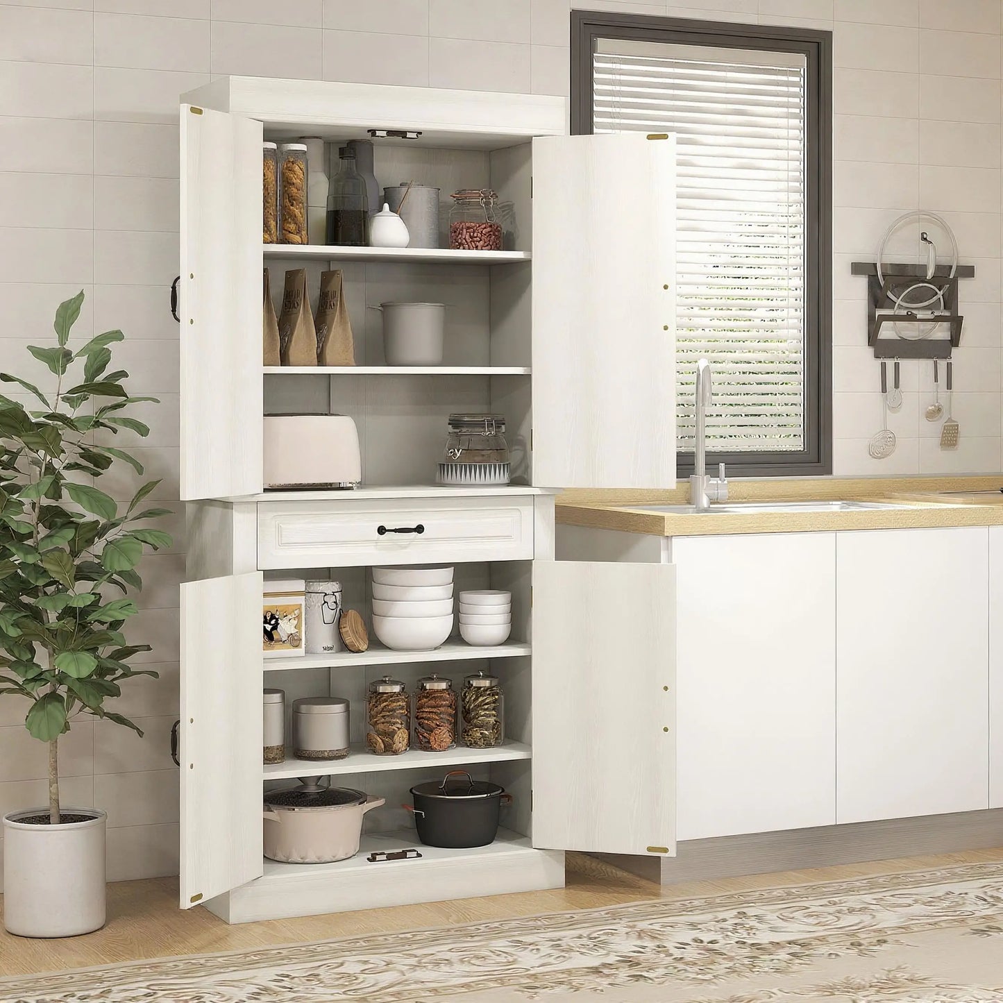 71" Freestanding Kitchen Pantry, 4 Doors 2 Cabinets, Distressed White, White