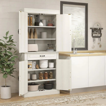 71" Freestanding Kitchen Pantry, 4 Doors 2 Cabinets, Distressed White, White