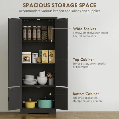 60 Inch 4-Door Storage Cabinet, Adjustable Shelves, Black Kitchen Pantry Cabinets at Gallery Canada