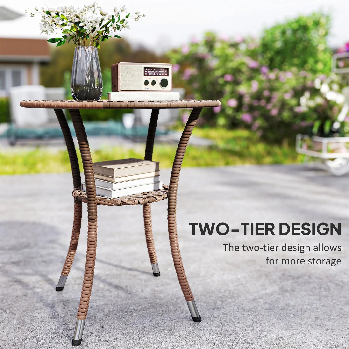 Outdoor Rattan Dining Table, Round Wicker Coffee Table with 2-Tier Shelf, Brown Patio Dinning Tables at Gallery Canada