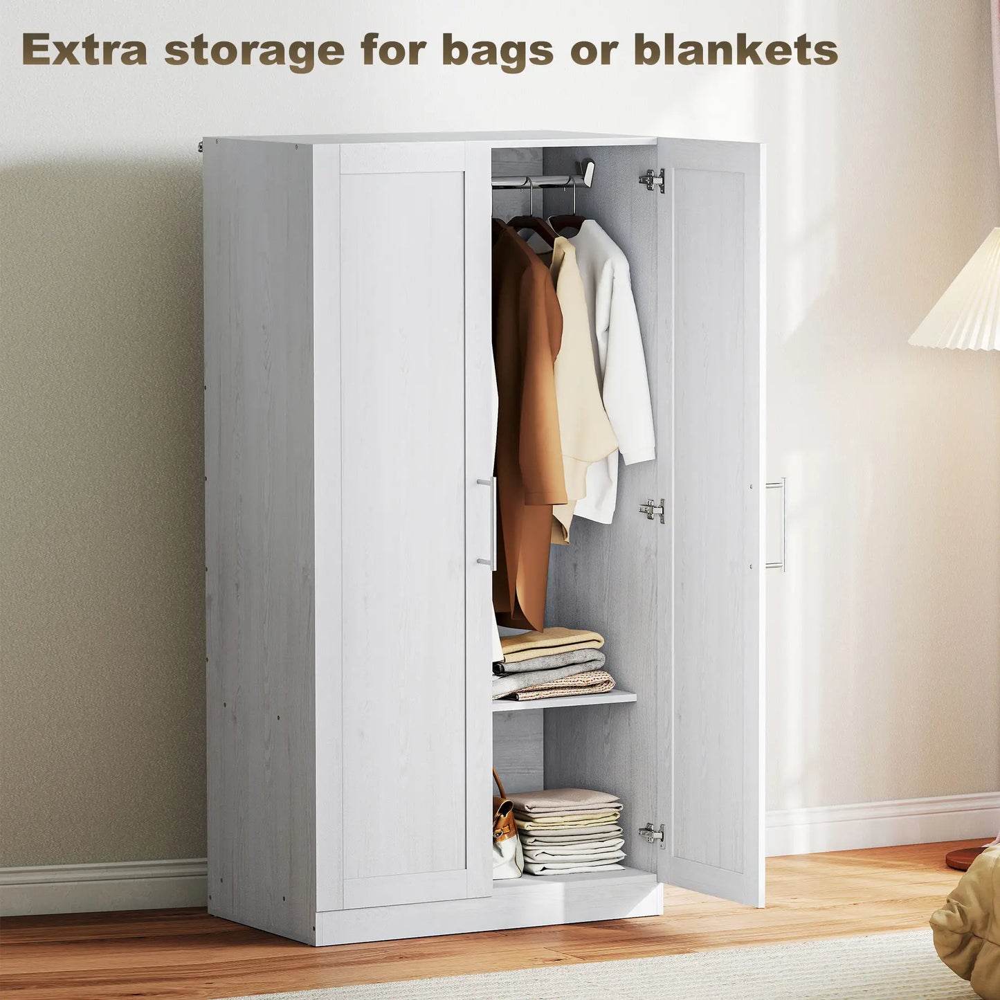 White Wood Effect Wardrobe Cabinet, 2 Doors With Hanging Rod, White