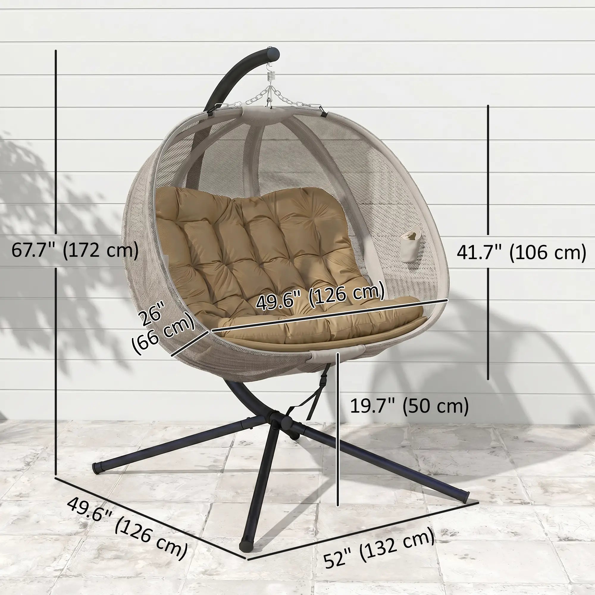 Double Egg Chair with Stand, 2 Person Hanging Swing, Khaki Patio Swings with Stand at Gallery Canada