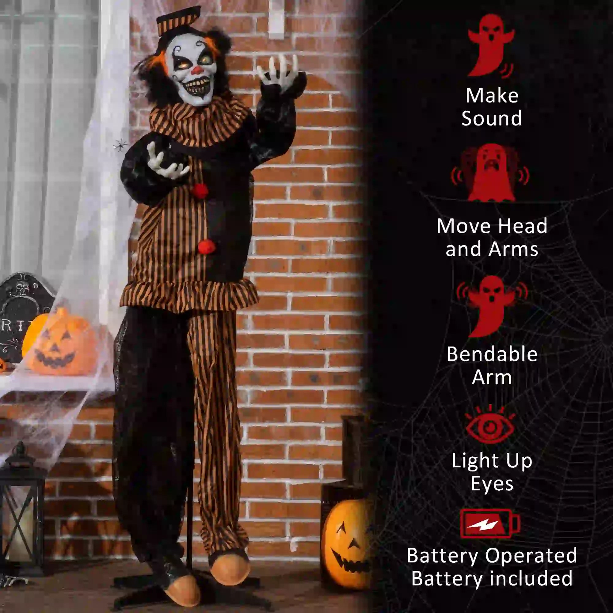 5.6' Life Size Clown Halloween Decoration, Animatronic with Light Up Eyes Halloween Decorations at Gallery Canada